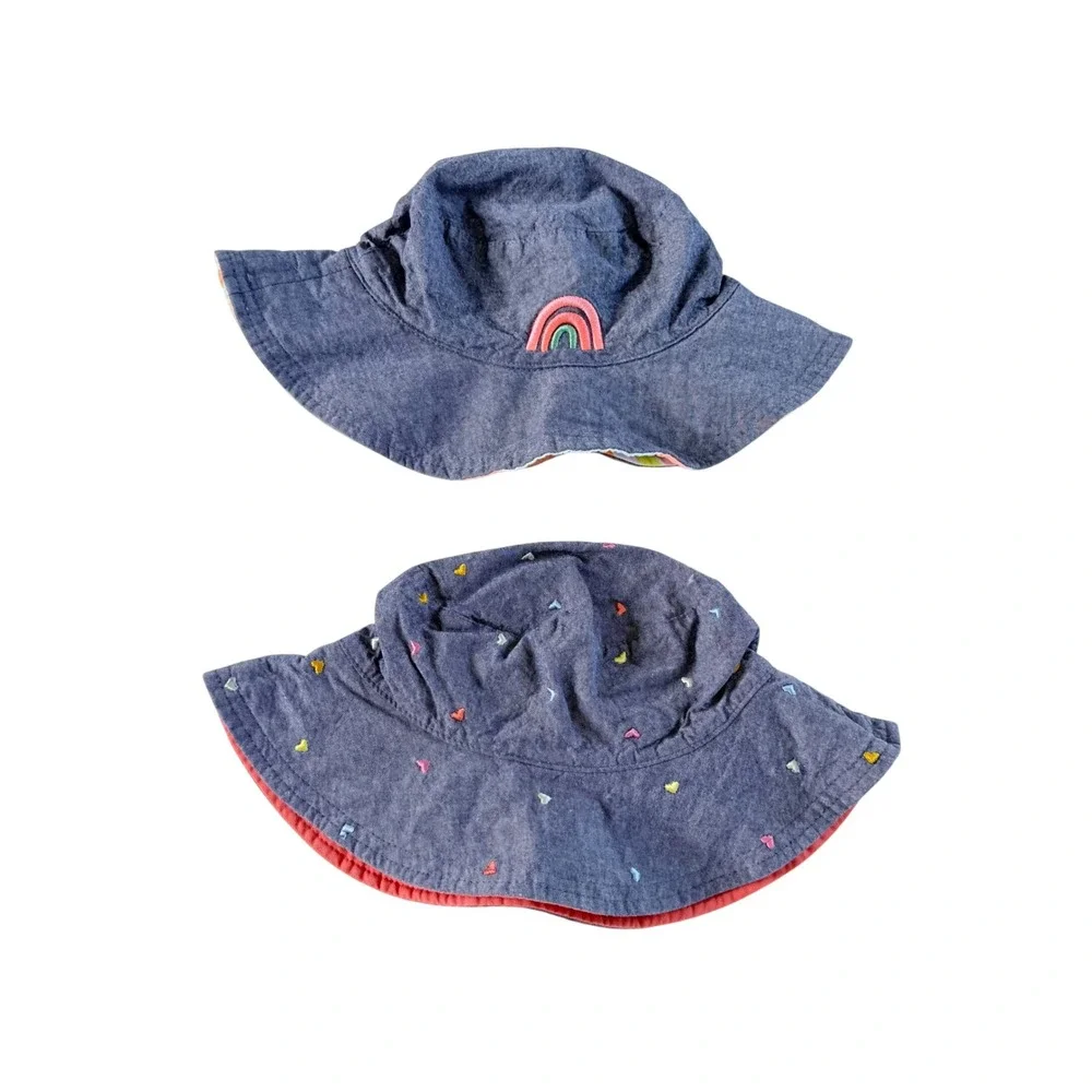 Unbranded Sun Hat Lot Kids  Blue Pink Excellent Reversible Rainbow Heart Cotton